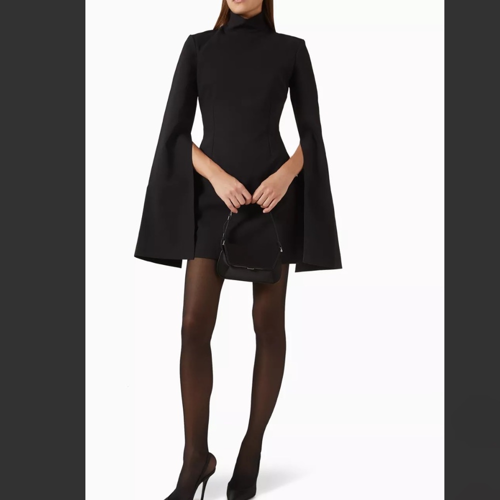 Solace London Franklin Black Crepe Bell-Sleeve Mini Dress. Size 6